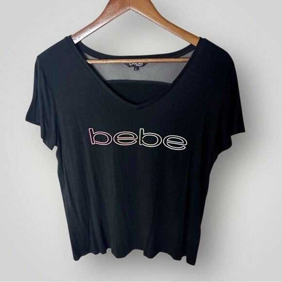 Bebe Sport Black V-Neck Rainbow Logo Tee Mesh Back Women's Large Y2K - Picture 1 of 9